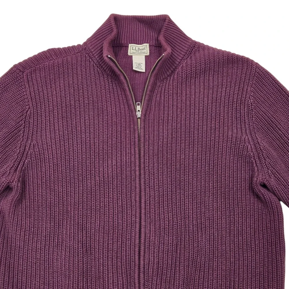 Vtg 90s LL Bean Full Zip Chunky Knit Ribbed Cotton Sweater Burgundy Men's L MINT
